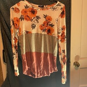 Rue21 Floral Colorblock Long Sleeve Top - Orange, Gray, and Pink